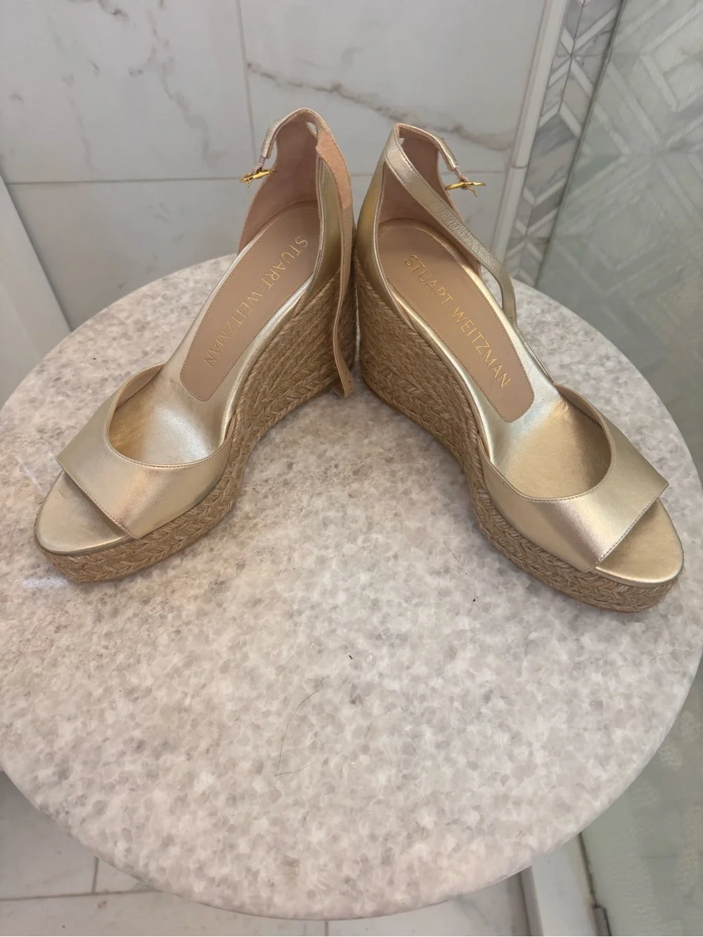Stuart Weitzman Gold Espadrille Wedge Sandals